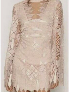 Free People Deco Lace Ivory Combo Long Bell Sleeve Mesh Inserts Mini Dress 4